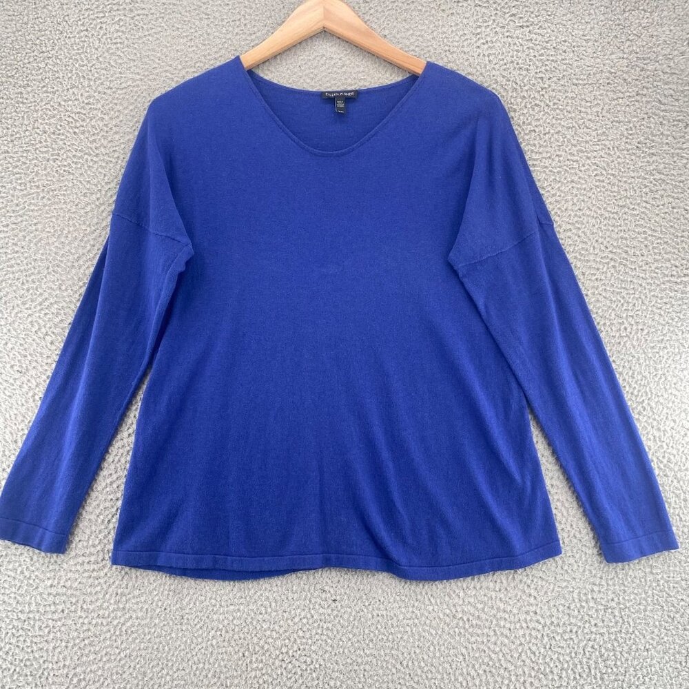 Eileen Fisher Top Womens Blue Cashmere Blend Knit Long Sleeve Pullover Stretch